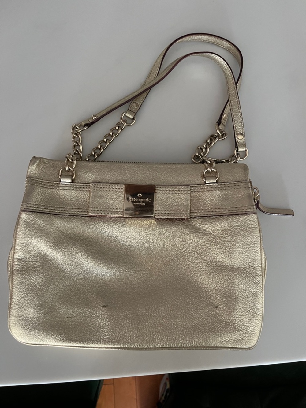 kate spade Metallic Champagne Gold Leather Shoulder Bag with Chain Straps